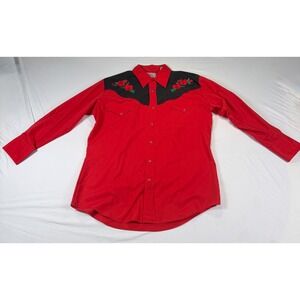 Ely Diamond Mens Western Pearl Snap Shirt Red Black Rose Embroidered Rockabilly